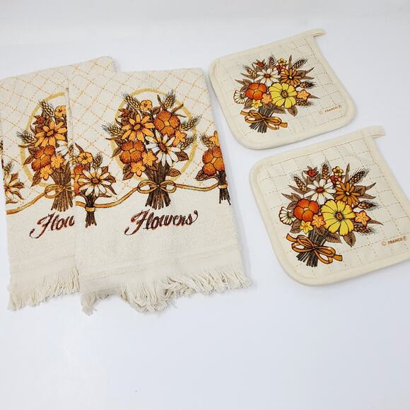Vintage Cannon Franco 4 Pc Set Kitchen Towel Dish Cloth Potholders Flowers - Picture 1 of 4